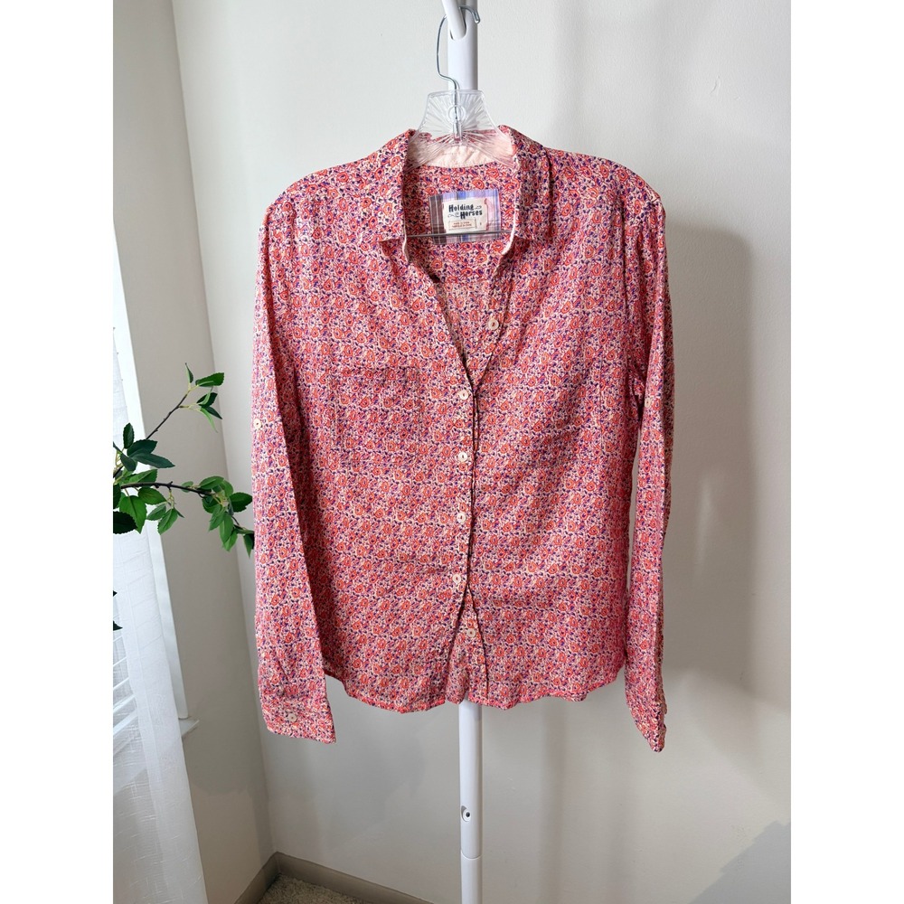 Holding Horses Anthropologie Red Purple Floral Cotton Button Down Shirt Size 8 - Picture 3 of 7